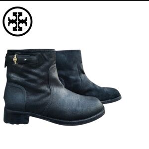 Tory Burch Selena Black Leather Distress Metallic Ankle Boot Dress Shoe Women 9